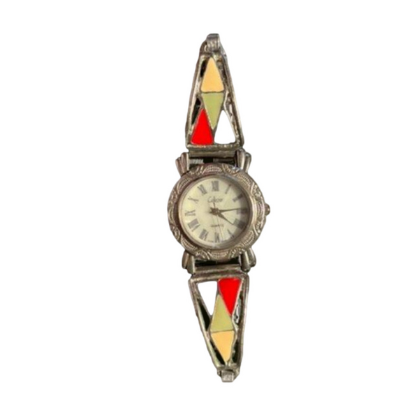 Vintage Collezio Southwestern Enamel Inlay Quartz Watch Silver Tone Flex Band - Picture 1 of 6